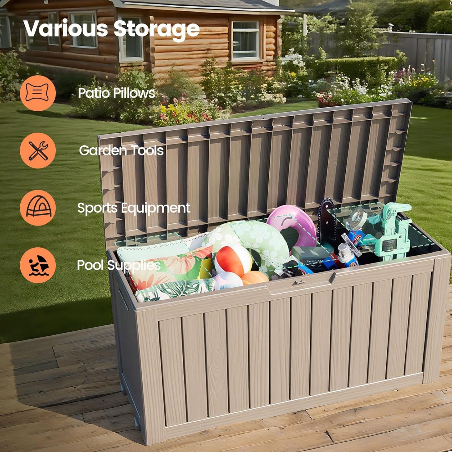 75 Gallon Outdoor Storage Box - Waterproof Resin Deck Box for Patio Cushions & Garden Tools - Lockable Indoor/Outdoor Storage Bin - Stylish Grey Design