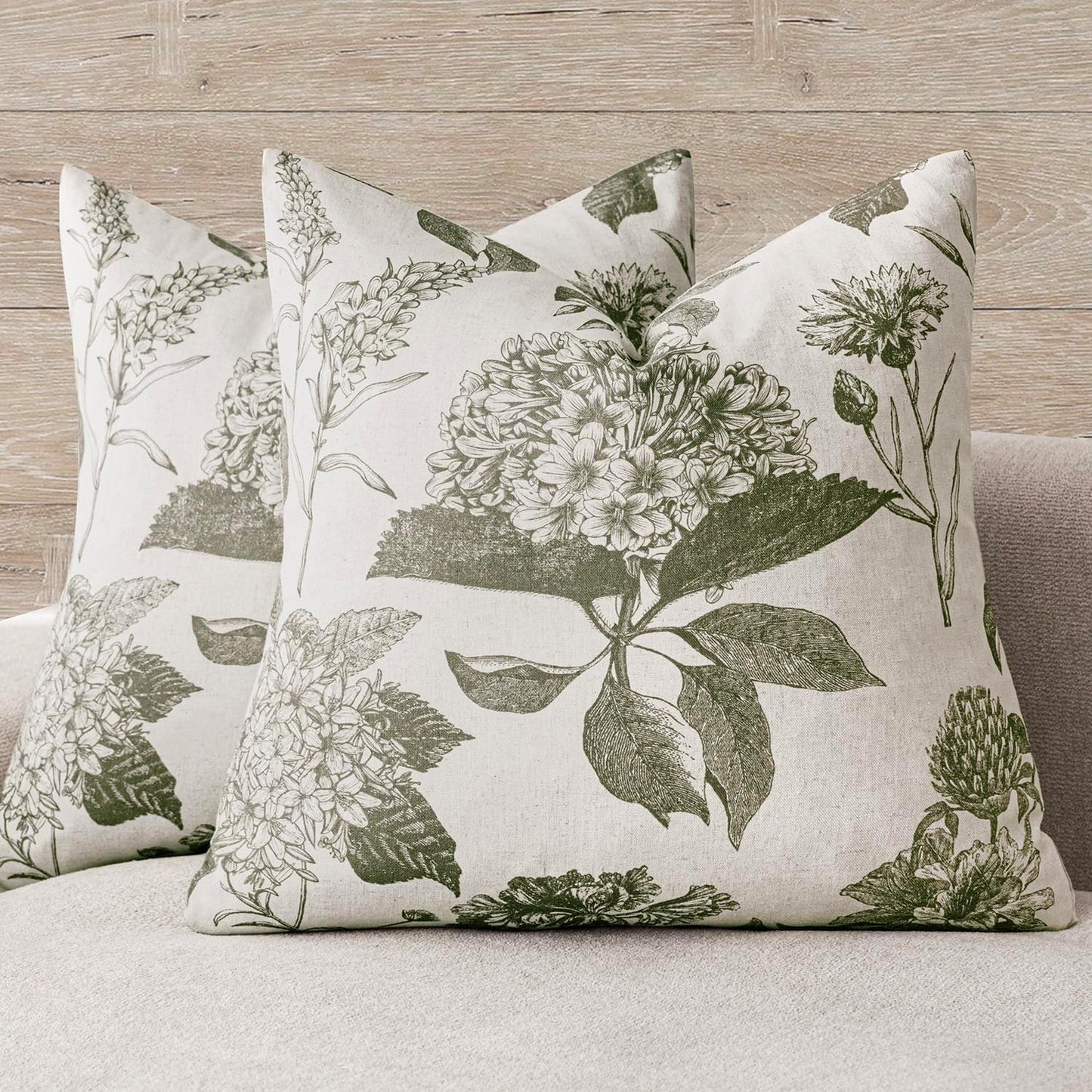 Foindtower Set of 2 Linen Floral Throw Pillow Covers Vintage Accent Print Decorative Cushion Covers Farmhouse Boho Home Decor for Sofa Chair Couch Bedroom Living Room Outdoor,20×20 Inch,Sage Green