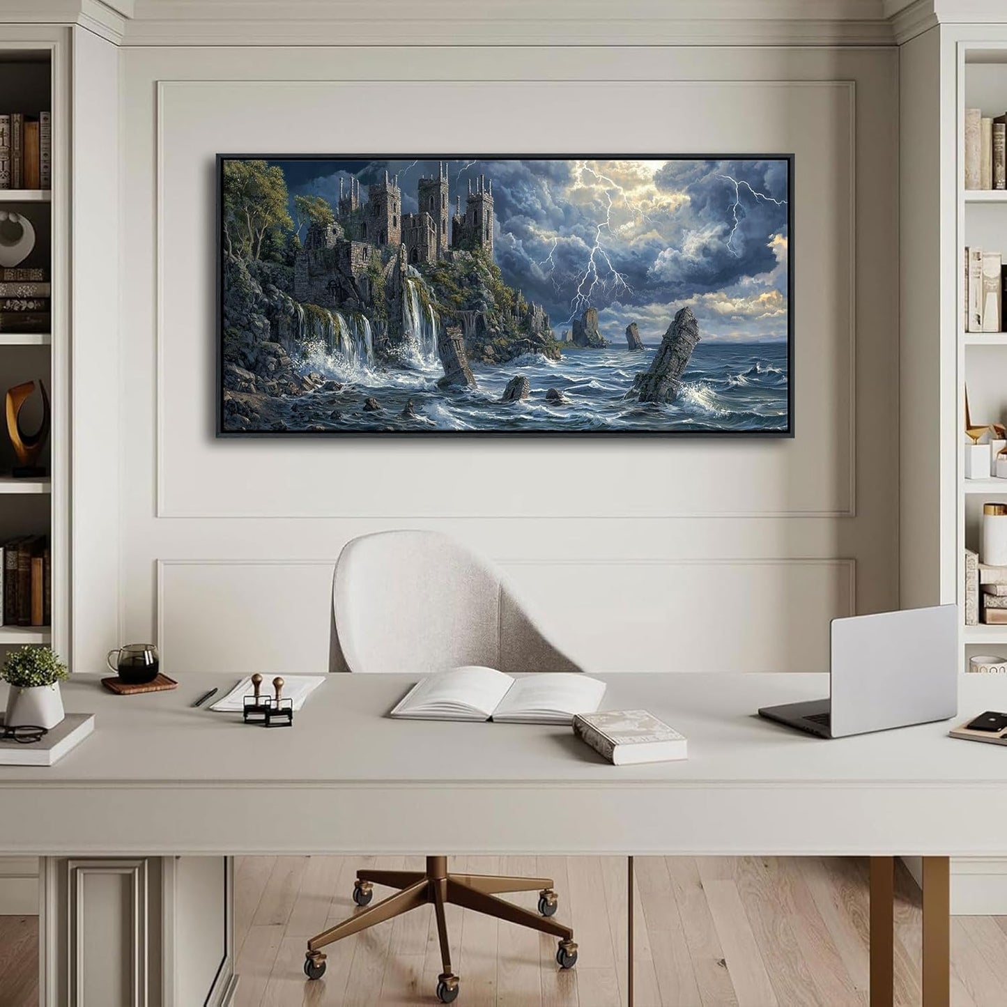 QZQCBLC Large Canvas Wall Art - Abstract Clouds Ocean Lightning Framed Landscape Gloomy Castle Paintings Artwork Picture for Living Room Bedroom Kitchen Home Painting Decor 24"X48"