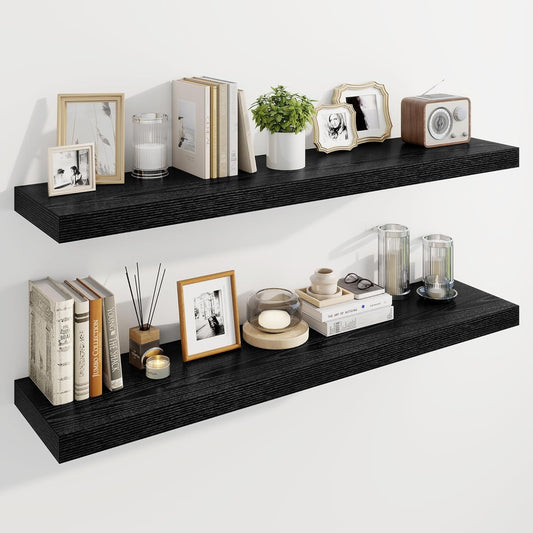 Marsmiles 48" Floating Shelves for Wall, Wooden Shelves with Invisible Brackets Set of 2, Rustic Farmhouse Wall Mounted Shelf for Kitchen Bathroom Living Room Study, Black