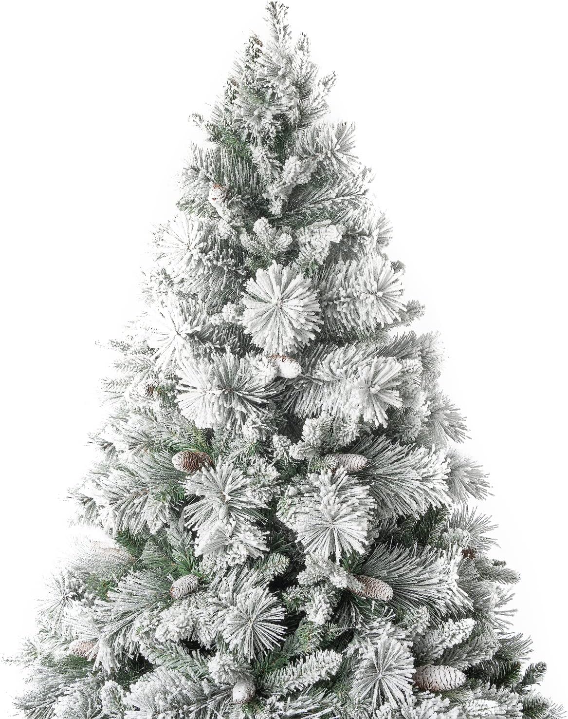 Glasgow 7.5ft Frosted Prelit Artificial Christmas Tree with Pine Cones, Foot Pedal, 1556 Branch Tips, 750 Warm Lights & Metal Stand, 61" Wide Realistic Pine Snow Flocked Christmas Tree with Lights