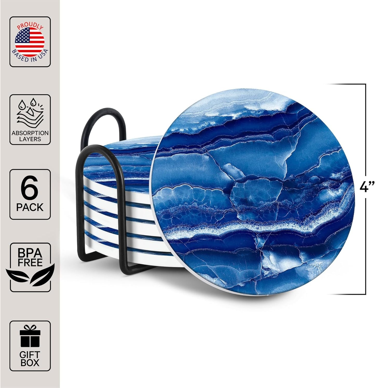 Emerson Coasters for Drinks Absorbent – Dining Table Set of 6 with Holder, 100% Ceramic Wooden Tabletop Protection Marble Style - Non Slip & Cork Bottom - Heavy Duty (Blue Onyx)