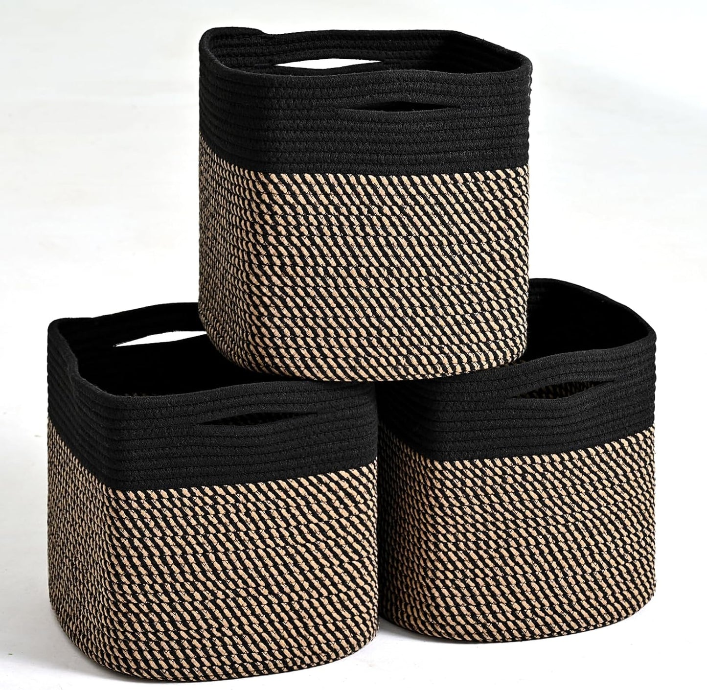 11 Inch Cube Storage Bins, Storage Cube Organizer Bins, Woven Cotton Rope Baskets for Storage, Storage Basket for Organizing Shelves, Square Baskets for Toys Nursery, Black & Jute (Pack of 3)