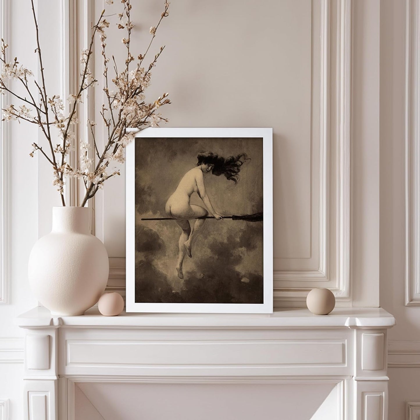 Poster Master Vintage Albert Joseph Penot Poster - Retro Halloween Print - Gift for Artist, Friend - Departure for the Sabbath, Naked Witch on Broom - Wall Decor for Bedroom, 11x14 White Framed