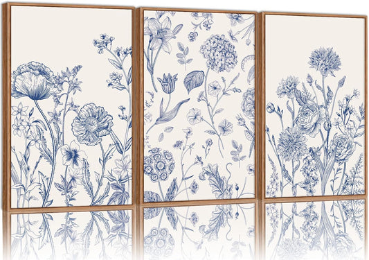 Tinonedraw Large Classic Chinoiserie Flower Framed Canvas Wall Art Set, Navy Blue and White Floral Wall Decor, Minimalist Neutral Botanical Art Printing for Living Room Bedroom Office Dorm 16"x24"x3