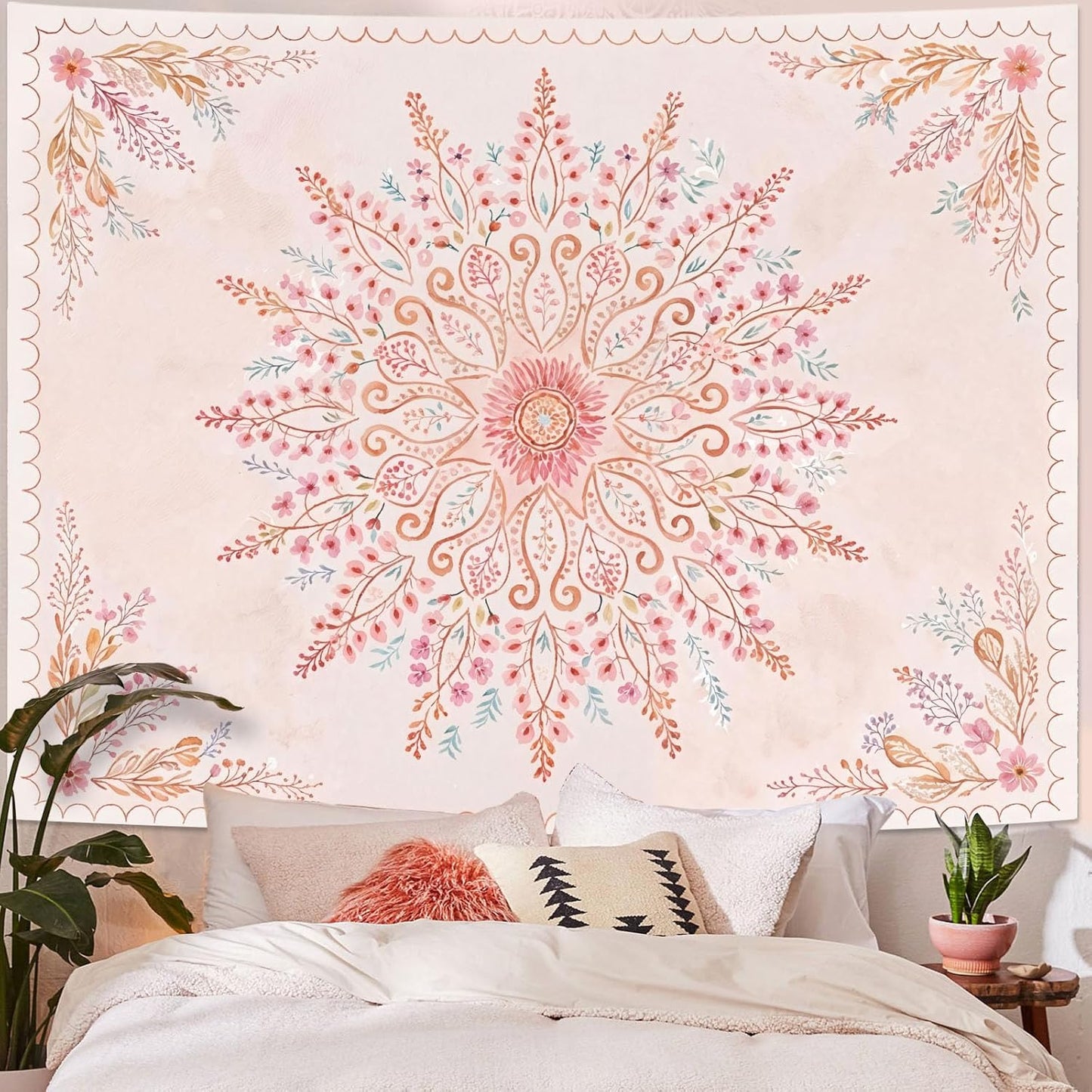 Lunerfex Floral Mandala Tapestry Boho Tapestry for Bedroom Pink Tapestries Wall Hanging Living Room Wall Art and Home Decor 70x90