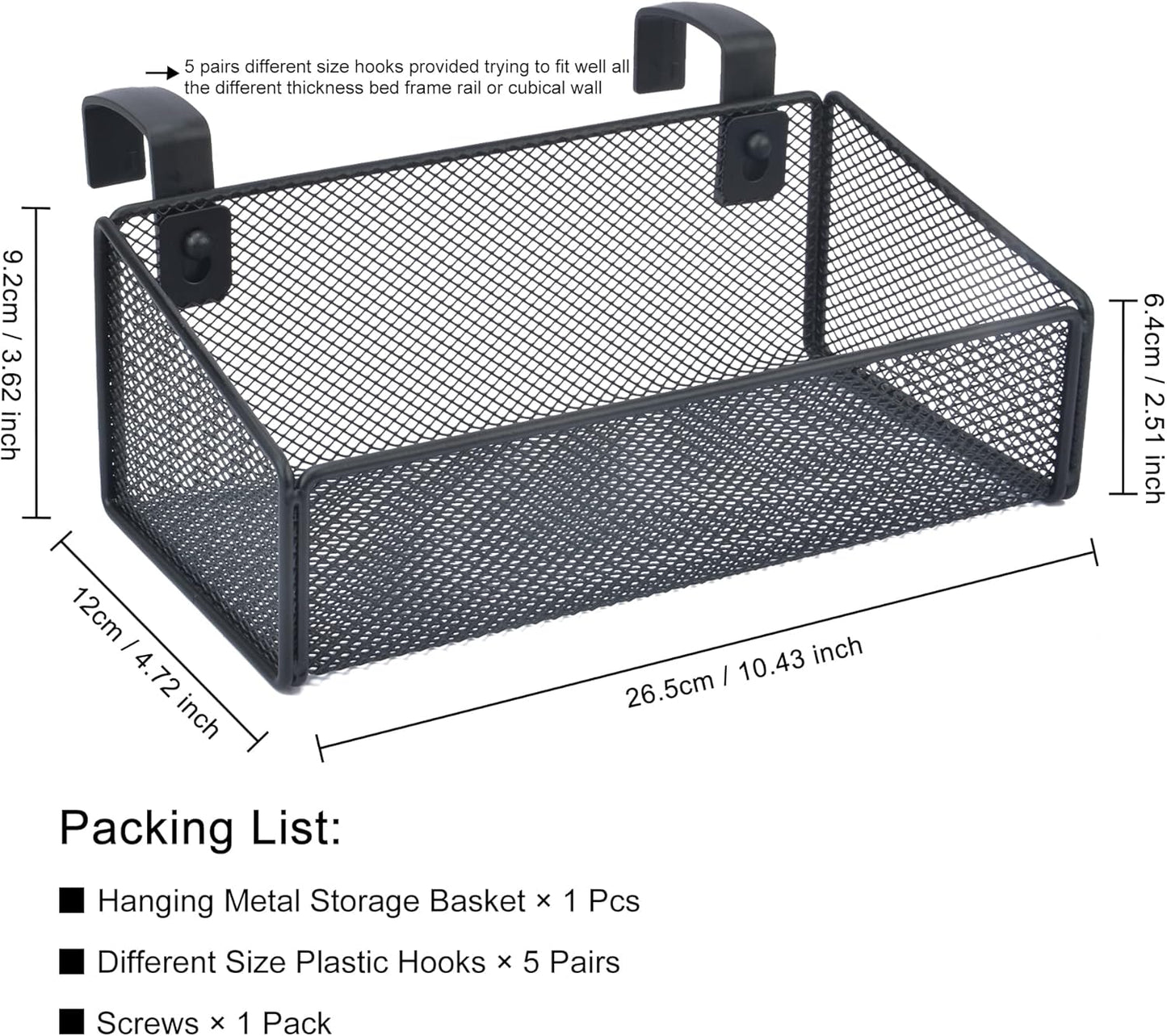 Bedside Caddy Hanging Storage Basket Beside Shelf Metal Organizer for Collage Dorm Bunk Bed,Hospital Bed,Baby Bed - Bedroom Essentials for Magazine,Remote Control,Phone,Drinks (Black)