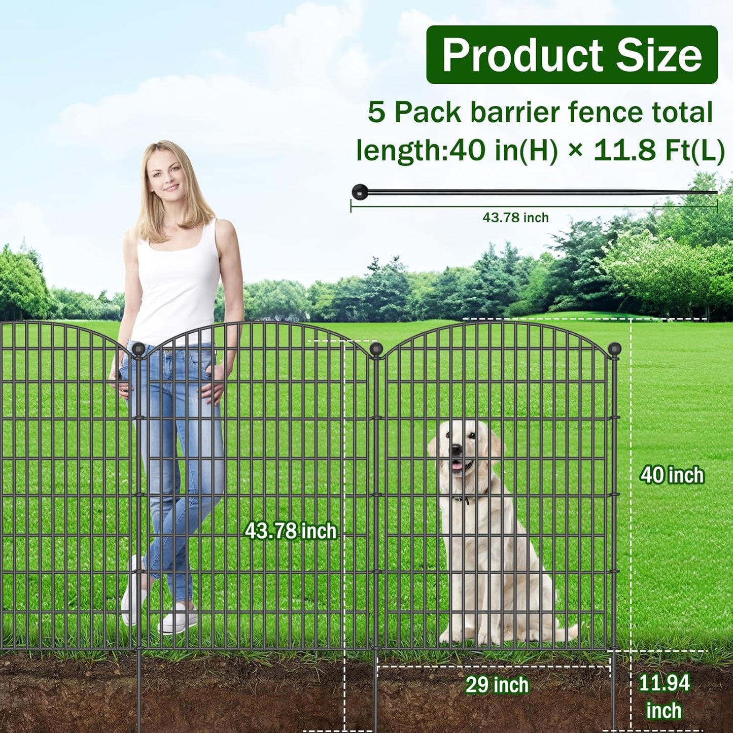 No Dig Decorative Garden Fence 5 Panels, 40 in (H) x 11.8 ft (L), Dog Fence Outdoor for Yard, Rustproof Metal Animal Barrier Ground Stakes Fencing for Garden, Patio, Flower Bed