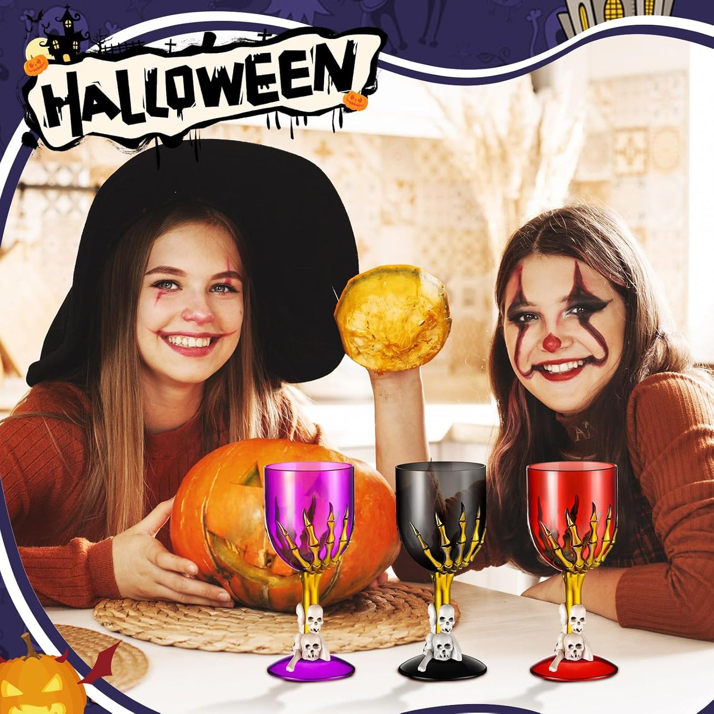 Sliner 24 Pcs Halloween Goblets Skull Wine 10 oz Claw Chalices Medieval Gothic 3D Skull Plastic Goblets Skeleton Hand Drinking Cup for Creepy Spooky Halloween Decorations Party Favor Bar KTV