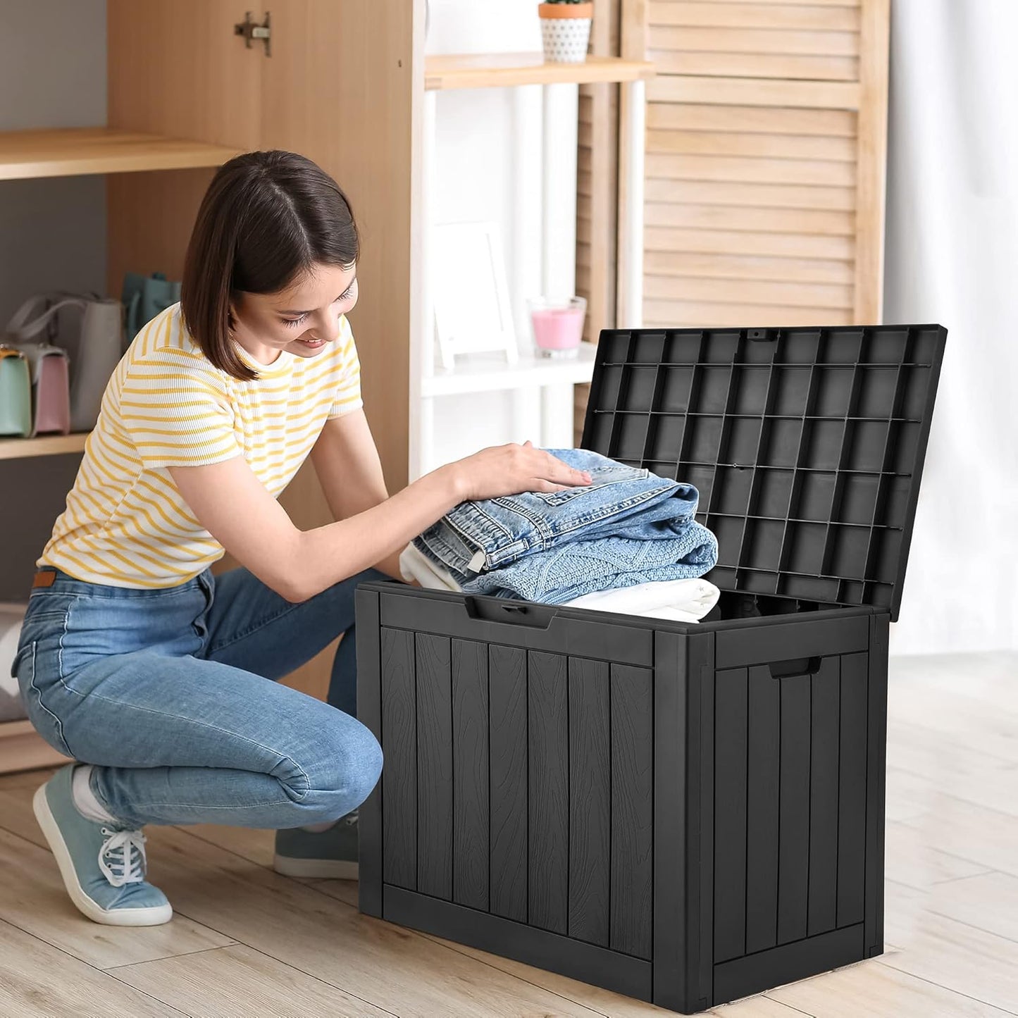 YITAHOME 31 Gallon Outdoor Storage Deck Box, Waterproof Resin Package Delivery and Storage Box with Lockable Lid for Patio Furniture Cushions, Pool Accessories, Garden Tools, Black