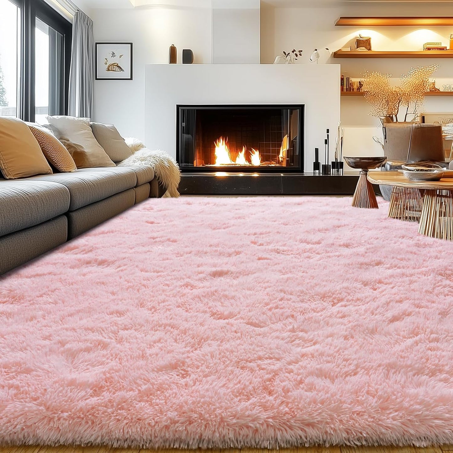 Ultra Soft Pink Rugs for Bedroom 8x10 Feet, Fluffy Shag Area Rugs for Living Room, Large Comfy Furry Rug for Girls Kids Baby Room Decor Teenage Pastel Princess Rug, Non Slip。