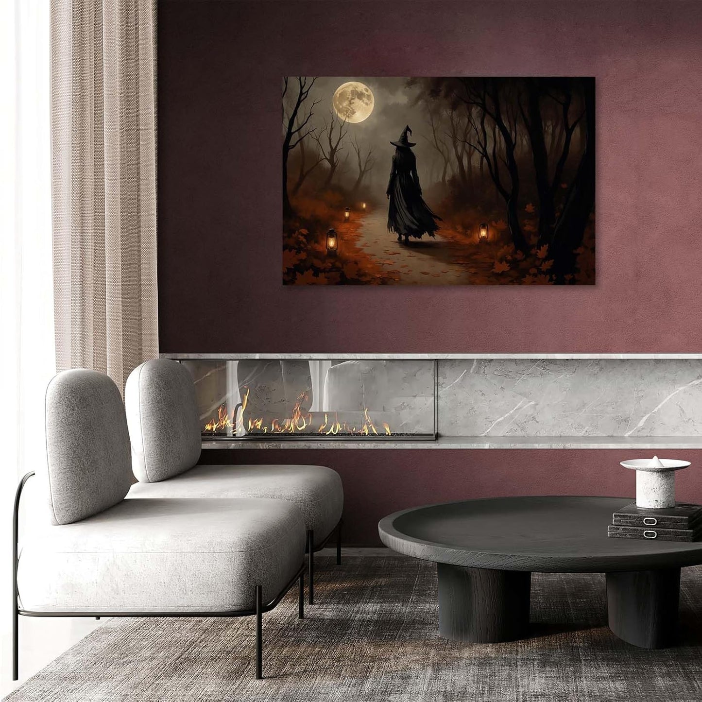 JFHCQJPK Moonlight witch poster dim lantern Halloween decoration Gothic style dark retro college style canvas wall art suitable for living room bedroom24x36in Frameless