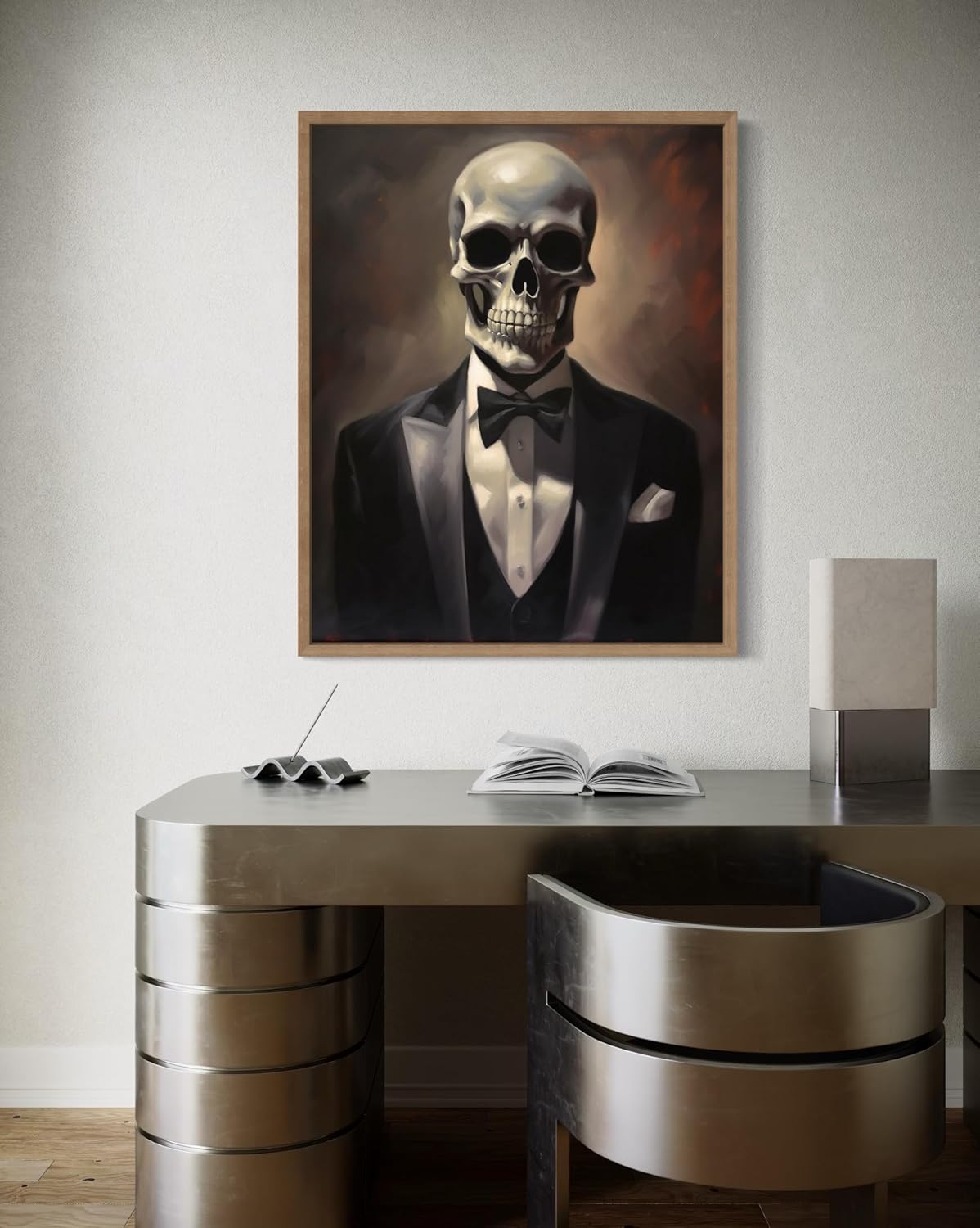 Skull Portrait Poster Art Print, Halloween Scary Vintage Wall Art Academia Spooky Painting Decoration for Horror Prints, Gothic Posters Bedroom Decor 89 (Skull Portrait, 11 x 14 inches, Wood Frame)