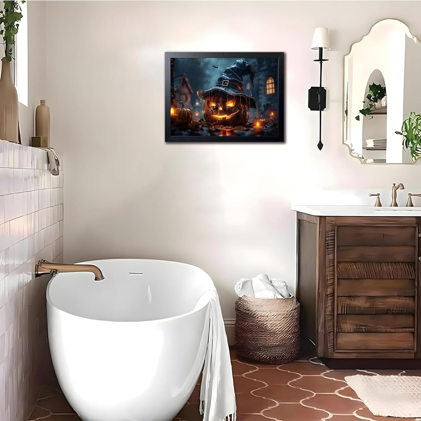 Wood Framed Dark Halloween Pumpkin Wall Art, Gothic Witch Hat Jack-o'-Lantern Canvas Print, Dark Academia Spooky Haunted House Poster Wall Art for Living Room Bedroom Room Aesthetics 12x16 inch