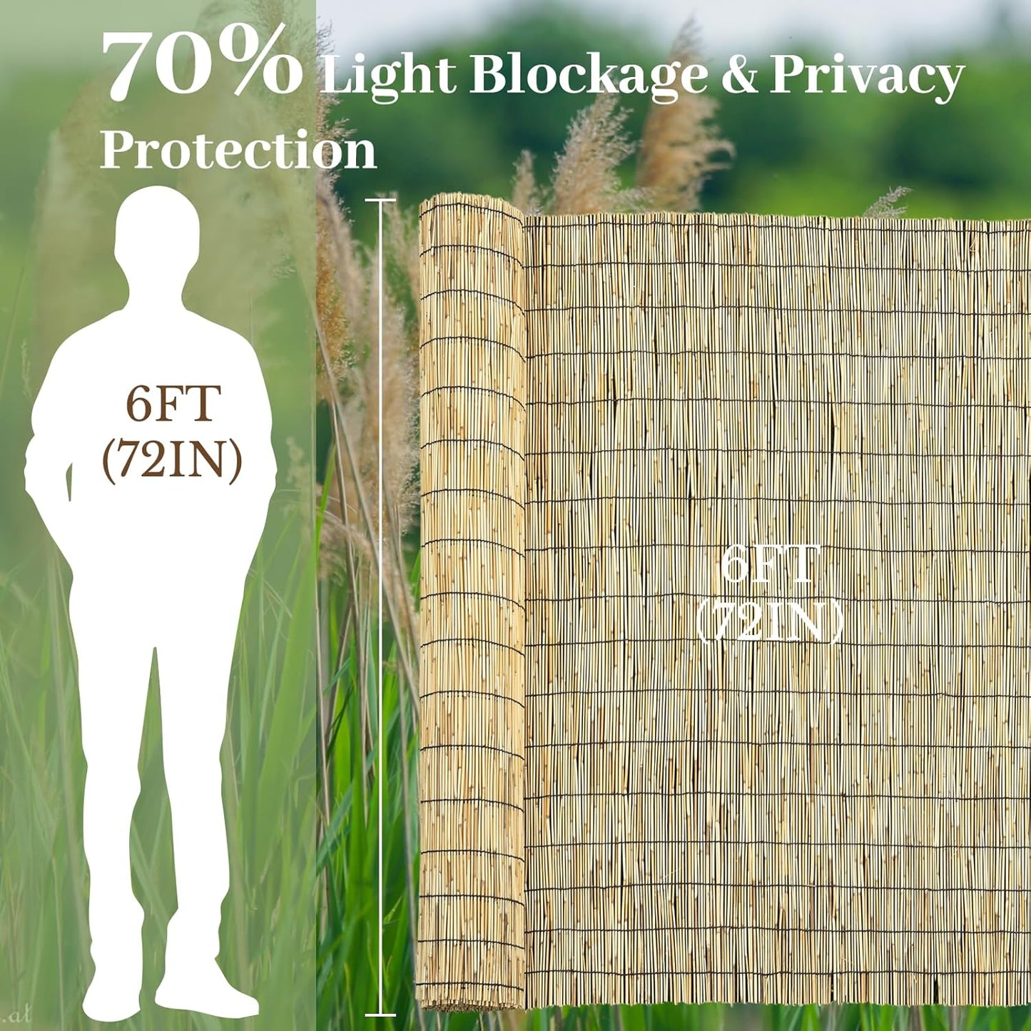 Natural 6FT X 16.4FT Reed Fencing Roll, Balcony Privacy Shade Reed Bamboo Fencing Garden Fence Border, Wind Block Sunshade Fence Screen for Outdoor Yard Patio Flower Bed Edge