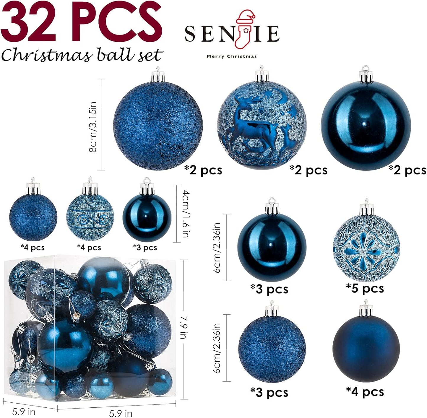Senjie Night Blue Shatterproof Christmas Ornaments, 32pcs Set, Traditional Style, Plastic Material, Christmas & Wedding Occasion