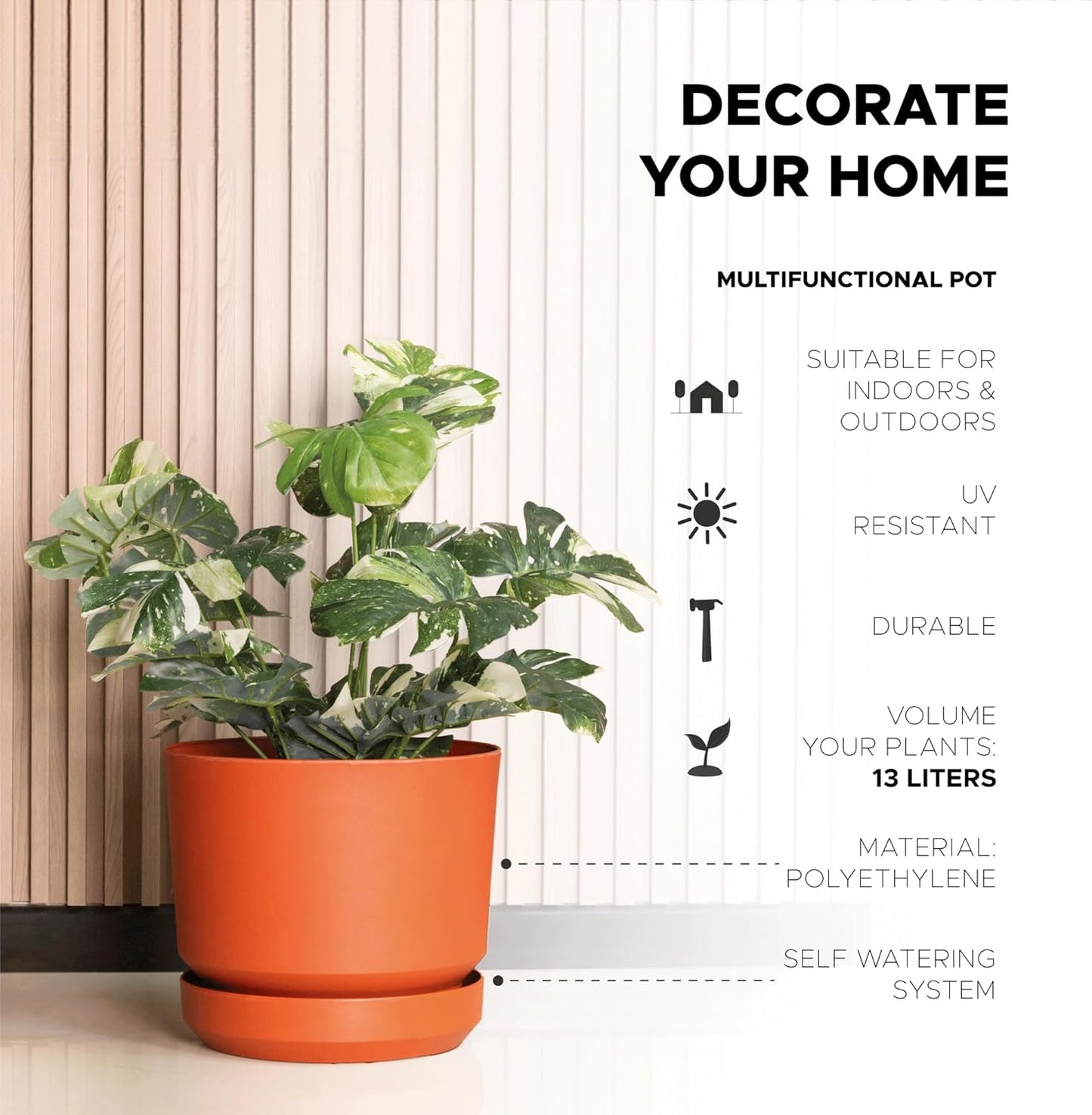 Elly Décor 14 inch Plastic Cylinder Planter Pot with Self-Watering Saucer and Drainage Hole,Lightweight & Extremely Durable, 14"x 14", Terracotta