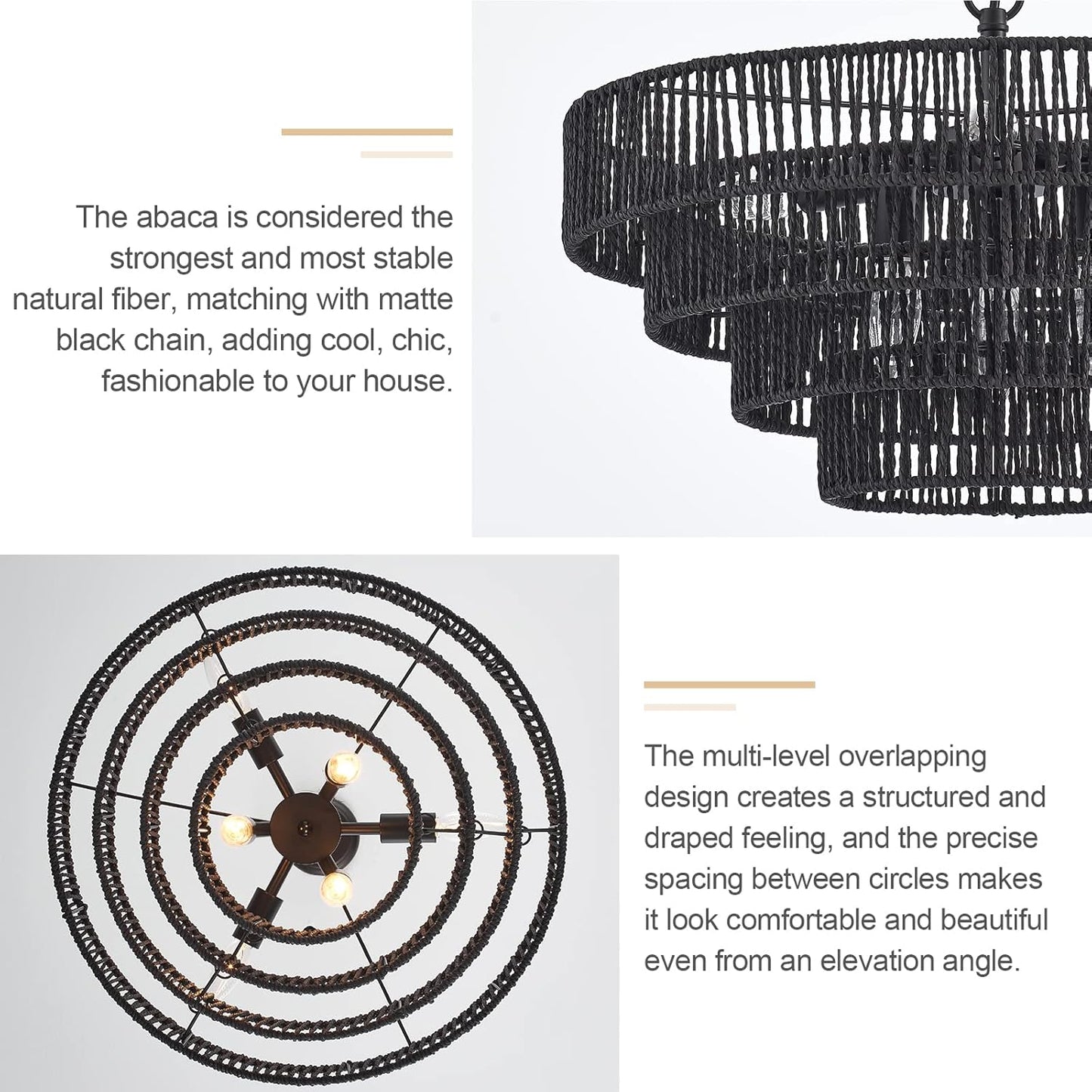 20” Hand-Woven Rattan Chandelier 6-Lights Transitional Minimalist 4 Round Boho Large Pendant Light for Kitchen Island Dining Room Living Room Hallway, Matte Black, UL Listed