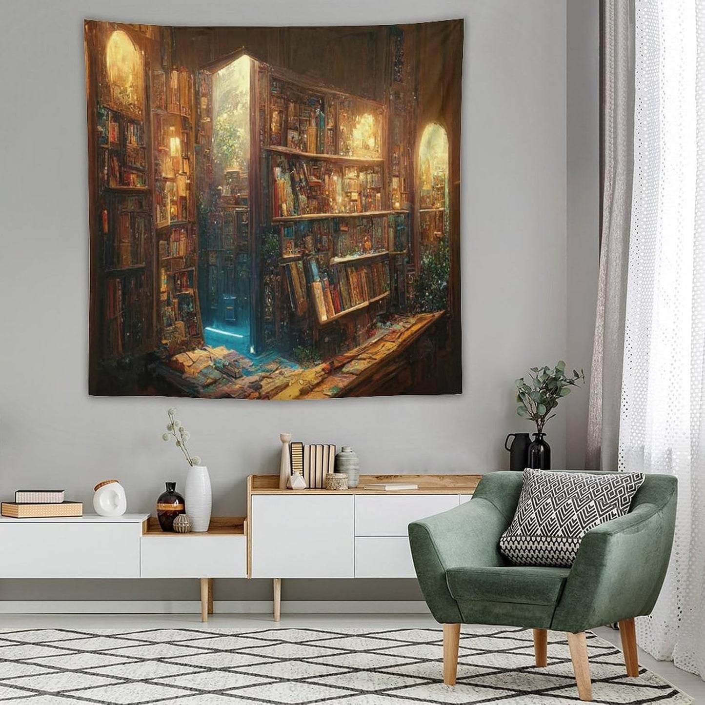 Kurtect Bookshelf Tapestry,Vintage Style Library Watercolor Art Theme Pattern Print Tapestries for Party Beach Picnic Blankets Tablecloths Living Room Wall Deocr, 60x60 in