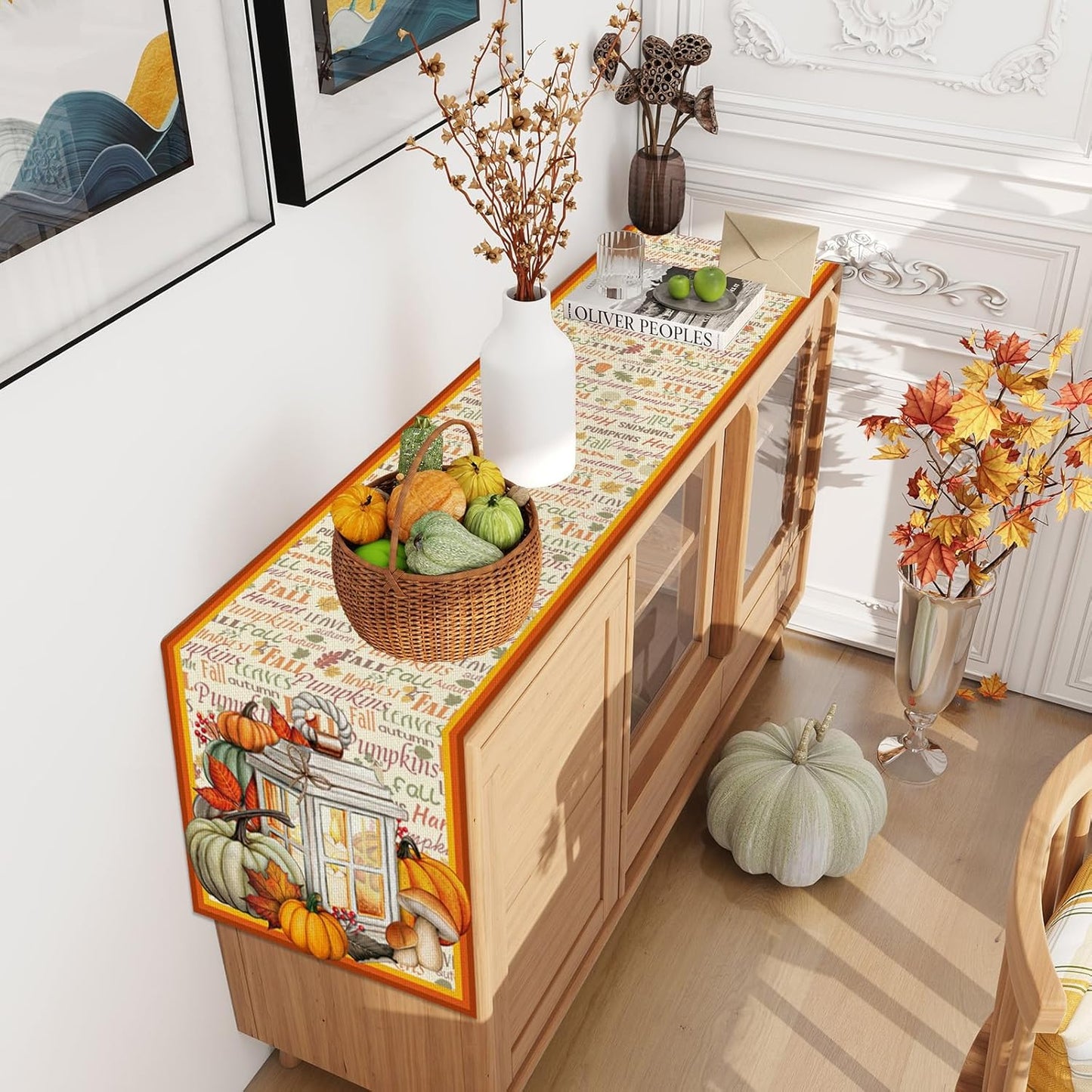 Linen Fall Table Runner 108 Inches Long - Farmhouse Leaves Pumpkin Decor for Autumn Thanksgiving Home Kitchen Dining Room