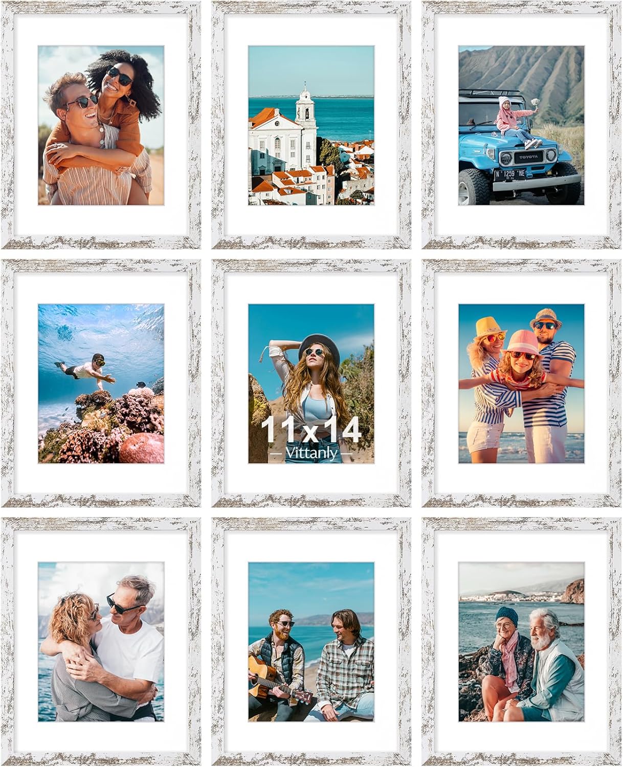 Vittanly 11x14 Picture Frames Set of 9, Shatter Resistant Plexiglass, Display 8x10 Pictures with Mat or 11x14 without Mat, Photo Frames for Wall or Tabletop, Engineered Wood, Distressed White