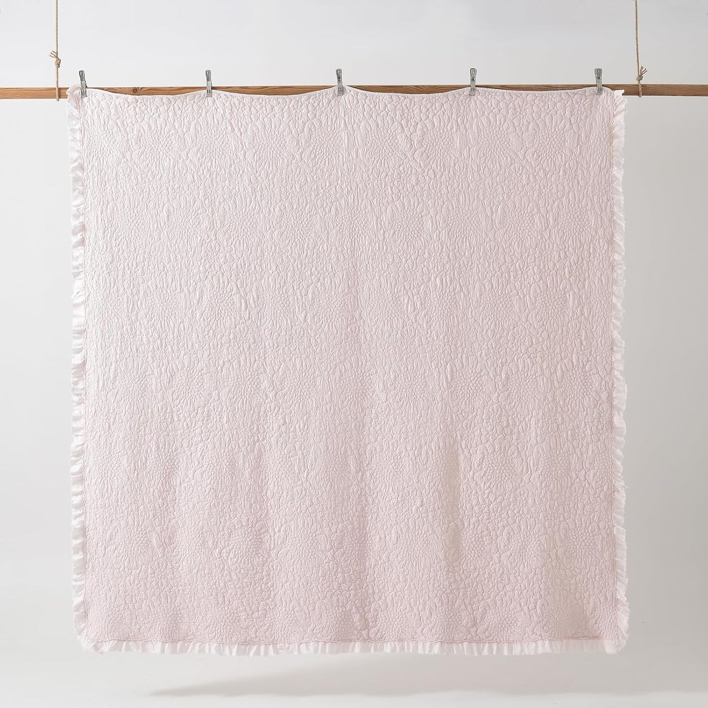 HORIMOTE HOME Pink Ruffled Quilt Twin Size, Stone-Washed Microfiber Lightweight Crinkled Farmhouse Rustic Shabby Chic Bedding Set, 2 Pieces Reversible Bedspread with Pillow Sham for All Season