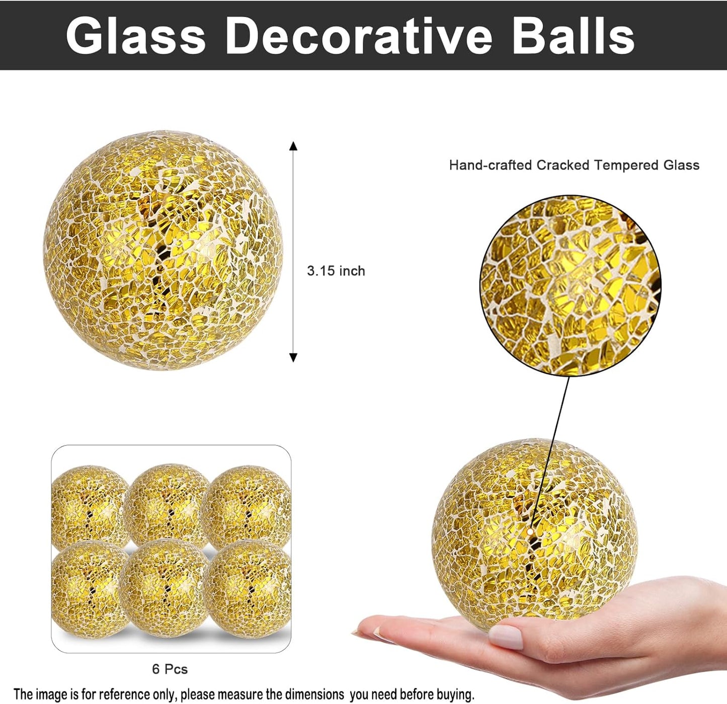 6Pcs Decorative Ball for Bowls, 8cm/3.15inch Mosaic Glass Centerpiece Decoration Balls Mirror Glass Ball Fillers for Home Decor Dining Tables Wedding Party (Golden)