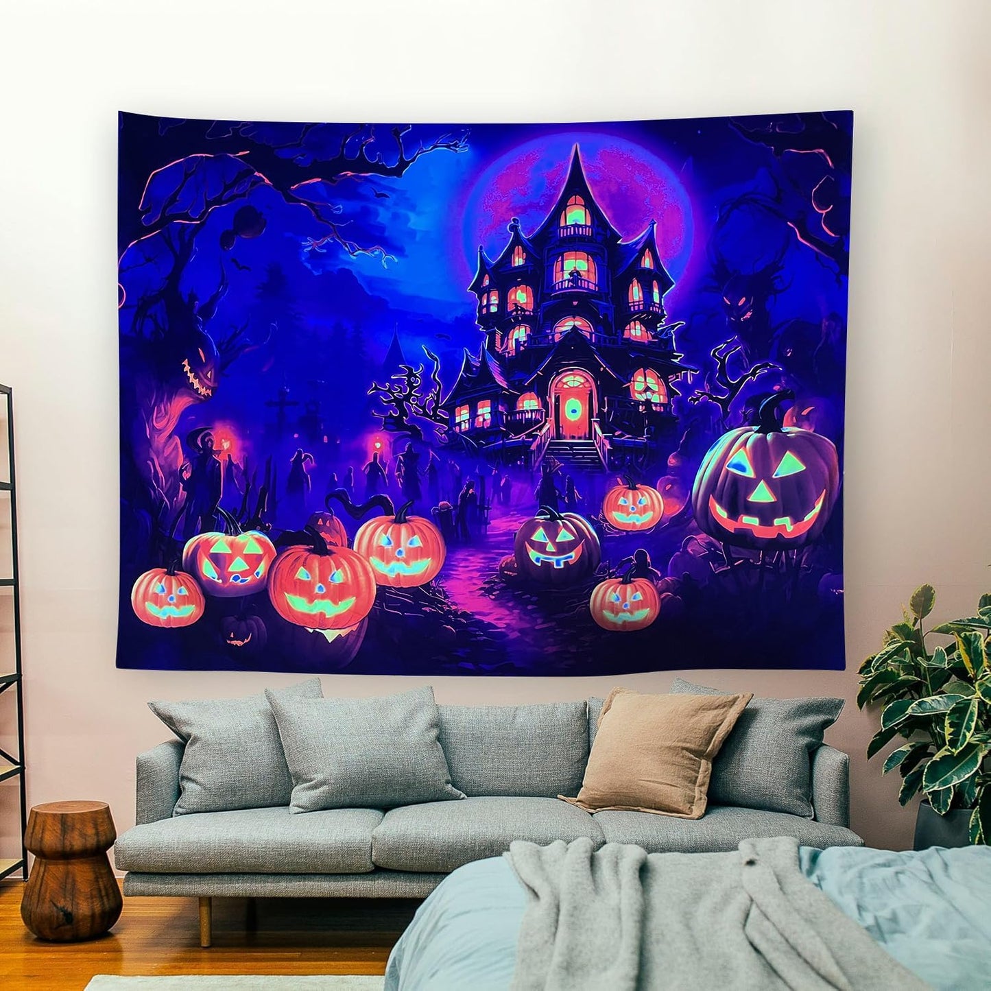 OSVINO Blacklight Halloween Castle Tapestry 59"x51" Pumpkins Ghosts Background Bedroom Aesthetic Hippie Room Decor Glow in The Dark Wall Poster for Halloween Easter
