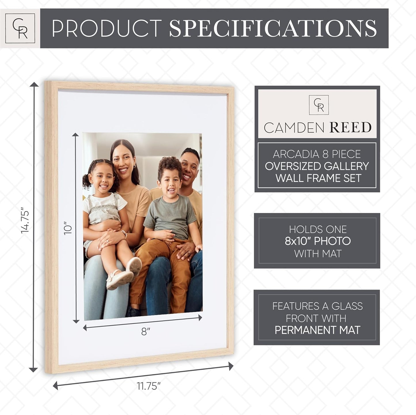 Camden Reed Arcadia 8 Piece Oversized Gallery Wall Frame, 11x14 and 11x11 inch matted frames for featuring 8x10 and 8x8 Inch Photographs or Art Prints, Natural Finish