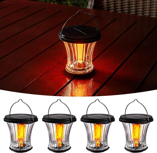 Glass Solar Lantern Outdoor Lights Waterproof, Flickering Flame Solar Lights with Modular Design, Auto On/Off Decorative Hanging Lanterns for Patio Garden Pathway Camping Deck Yard (4 Pack)