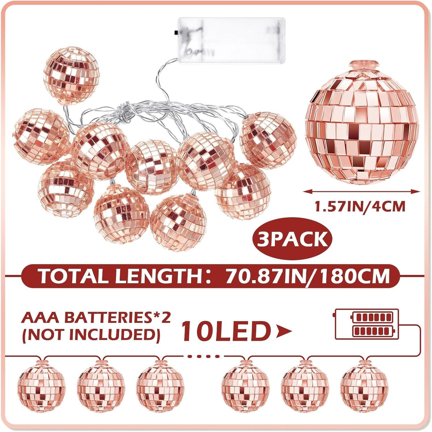 Zhanmai 30 LED Disco Ball String Lights Decor Lighted Mini Mirror Disco Balls Ornaments for 70s 80s Party Supplies Club(1.57 Inch Ball,Rose Gold)