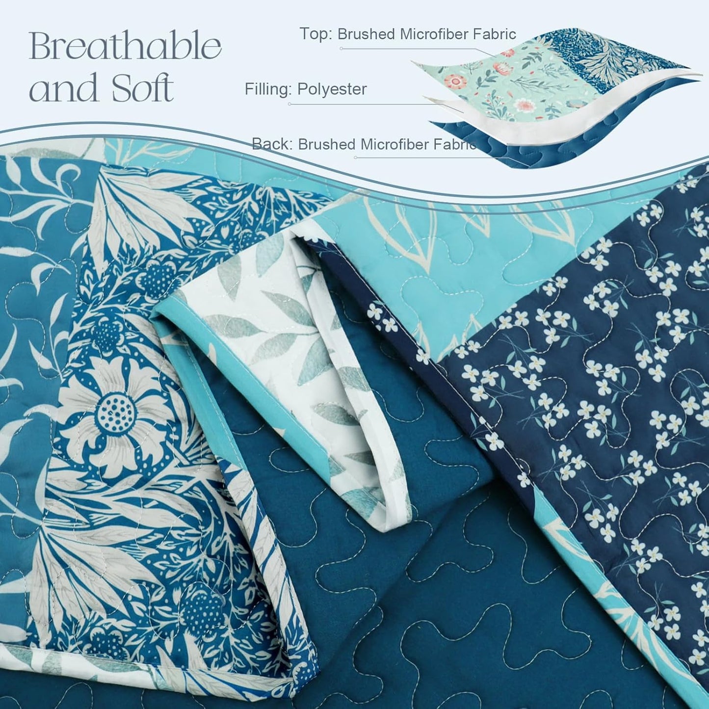 Exclusivo Mezcla Reversible Boho Quilt Set Queen Size, 3 Pieces Patchwork Navy Blue All Season Bedspreads, Ultra Soft Floral Coverlet Bedding Set with Printed Pattern (1 Quilt, 2 Pillow Shams)