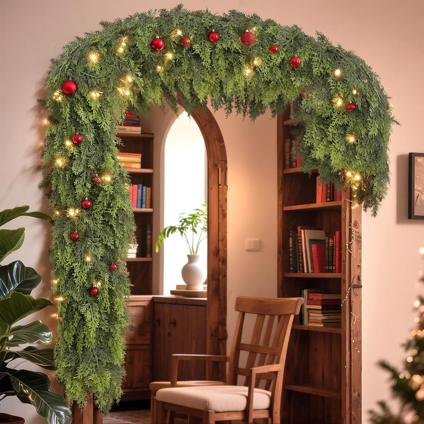 9FT Real Touch Cedar Garland - Artificial Christmas Garland Fake Green Faux Thick and Lush Pine Needles Garlands for Table Fireplace Mantle Holiday Home Indoor Outdoor Decor (2PCS)
