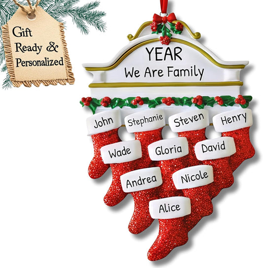 3D Fireplace Mantle Family of 10 Christmas Ornament 2025 Personalized Family Christmas Ornaments 2025 | Holiday Garland Personalized Tree Ornaments Customizable Gifts of Red Stockings of Ten Ornament