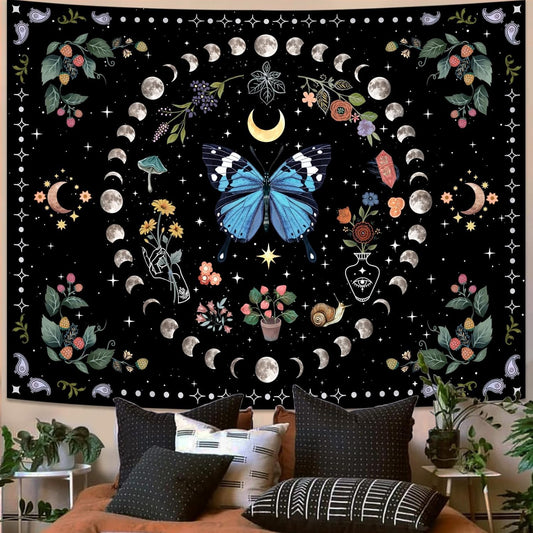 Aipon Blue Butterfly Moon Flower Tapestry Botanical Boho Plant Floral Wall Hanging for Bedroom and Living Room (36.00'' 48.00'', Blue)