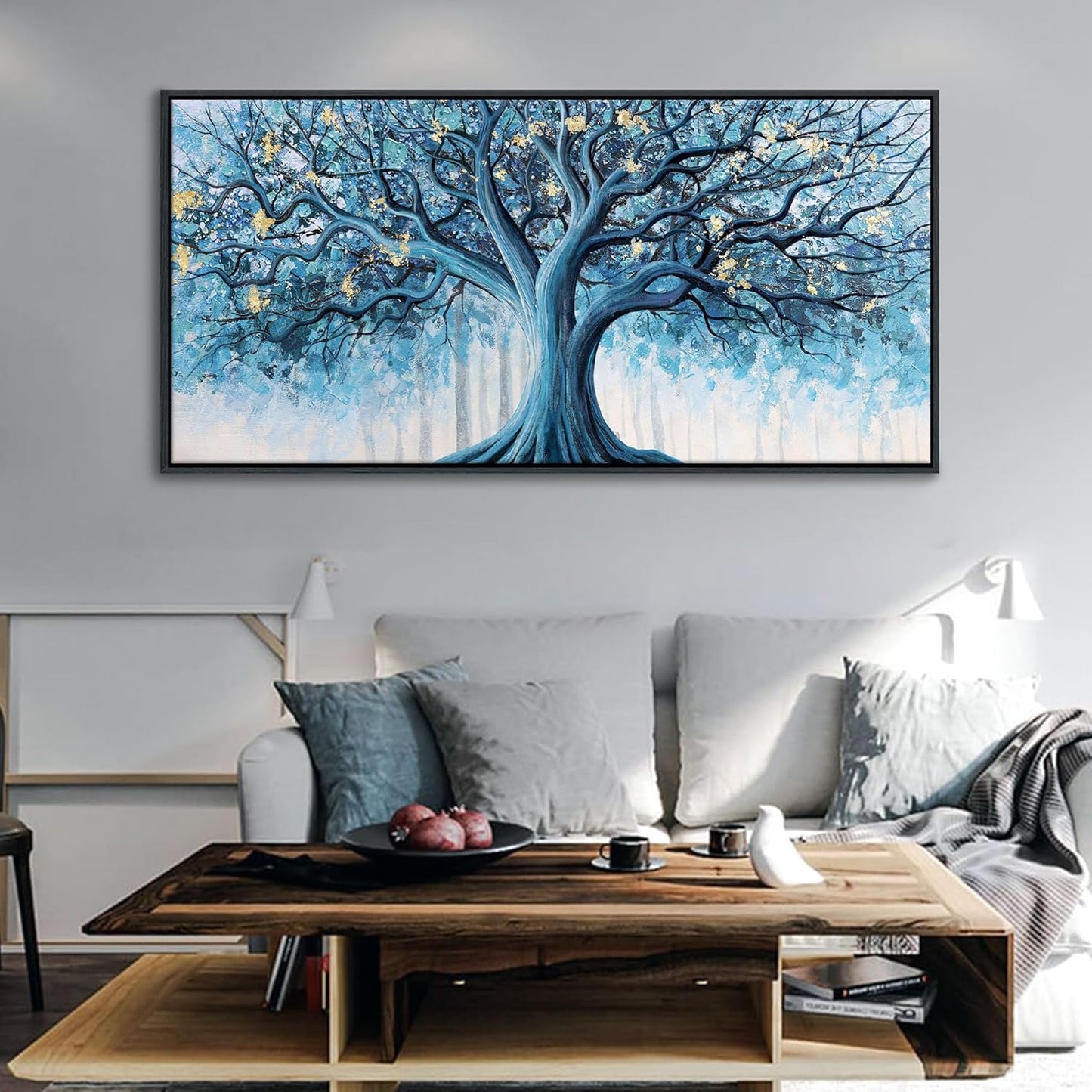 Navy Blue Canvas Wall Art - Blue and Gold Nature Wall Decor, Tree of Life for Bedroom Wall Art, Large Pictures for Living Room, Office, or Bedroom, Framed Landscape Artwork 24×48IN