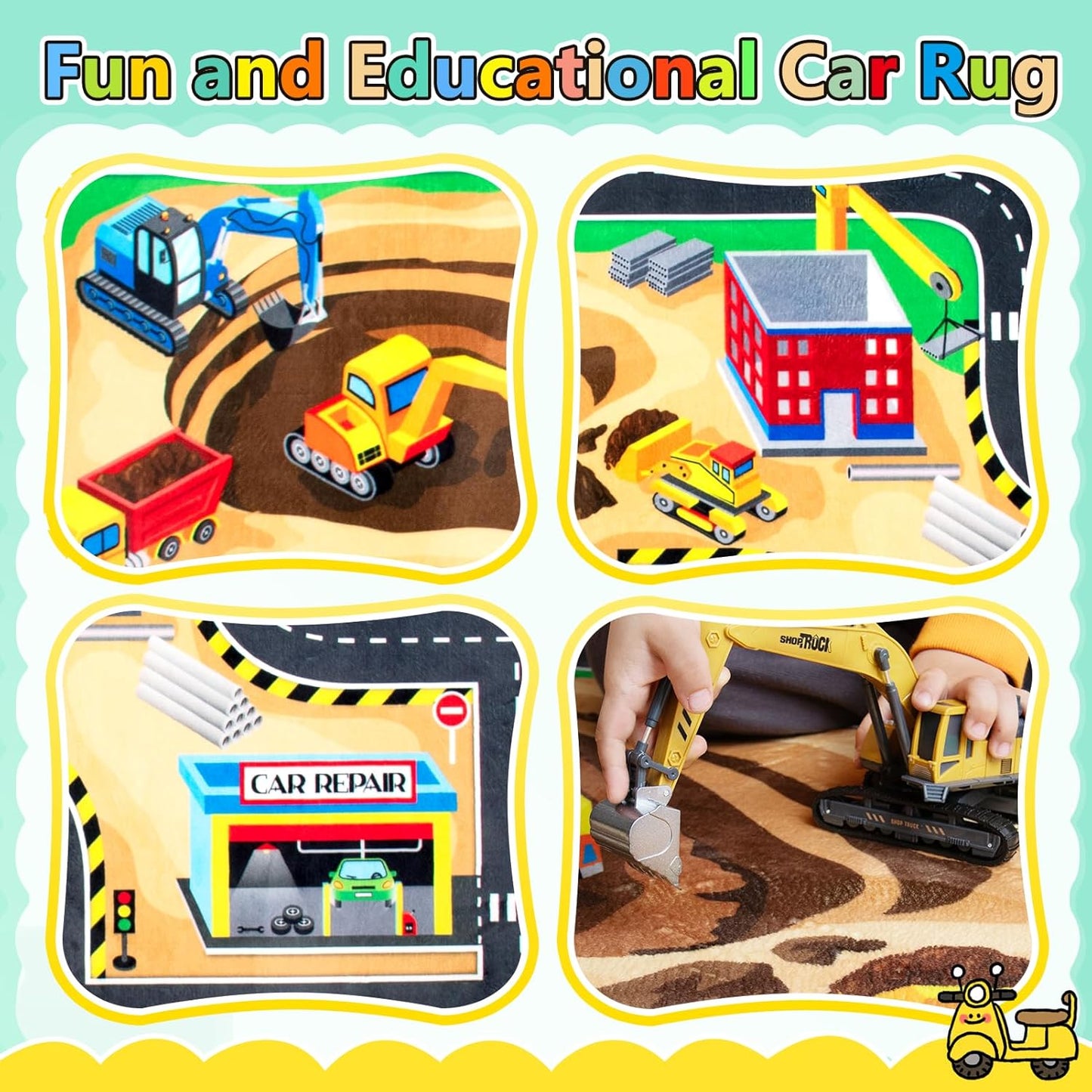 Kids 6x9 Ft Construction Site Play Rug, Baby Play Mat, Tufted Wool & Rubber, Non-Slip, Stain & Fade Resistant, Machine Washable, Rustic Cartoon Construction Site Pattern