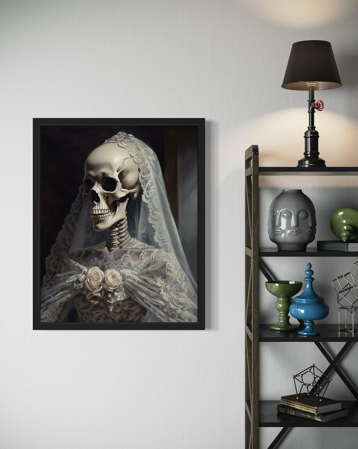 Skull Gown Poster Art Print, Halloween Scary Vintage Wall Art Academia Spooky Painting Decoration for Horror Prints, Gothic Posters Bedroom Decor 89 (Skull Gown, 8 x 10 inches, Black Frame)