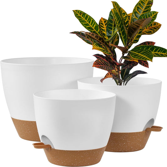 FaithLand 3-Pack Large Planter Pots, 12 10 9 Inch Self Watering Flower Pots for Indoor Outdoor Garden Plants, White with Brown