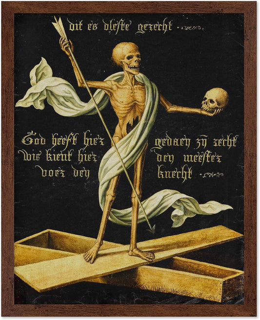 Poster Master Vintage Medieval Poster - Retro Gothic Print - Gift for Artist, Friend - Allegory of Life and Death, Skeleton, Dark, Skull - Wall Decor for Home, Living Room, 11x14 Brown Framed