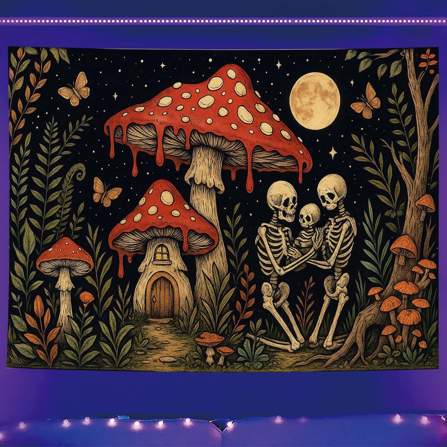 Starlit Patio Skeleton Family Blacklight Tapestry UV Reactive Wall Hanging Mushroom House and Moon for Bedroom Dorm Living Room Glowing Cottagecore Decor Fluorescent Trippy Poster 78 x 59 Inch