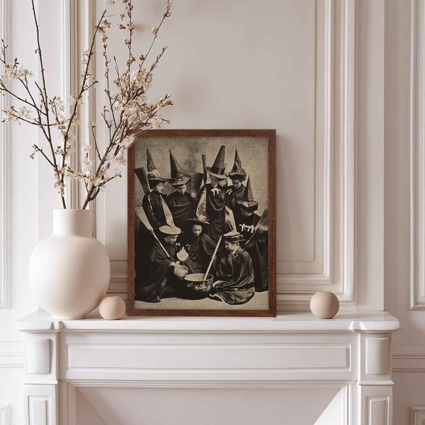 Poster Master Vintage Photograph Poster - Retro Halloween Print - Gift for Artist, Friend - Witches Cooking, Pointy Hats, Broomsticks, Black Magic - Wall Decor for Bedroom, 8x10 Brown Framed