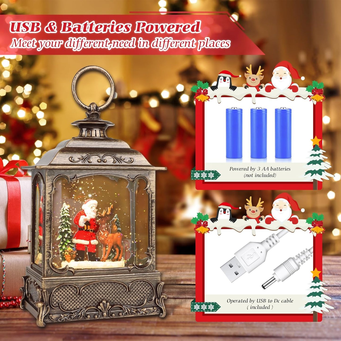 Christmas Snow Globes,Christmas Decorations for Home,with 6 Hour Timer,Musical Snow Globe,Battery Or USB Powered,Christmas Lantern,Christmas Festival Decor, Santas Reindeer