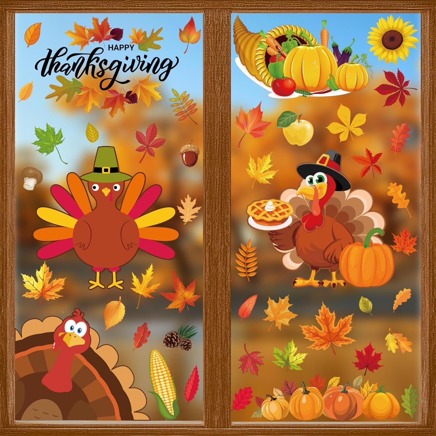 9 Sheets Thanksgiving Window Clings, 115PCS Thanksgiving Decorations Window Stickers, Turkey Decal Stickers with Cute Cones Nuts Maple Leaves Patterns for Fall Harvest Decorations Decor Accessories