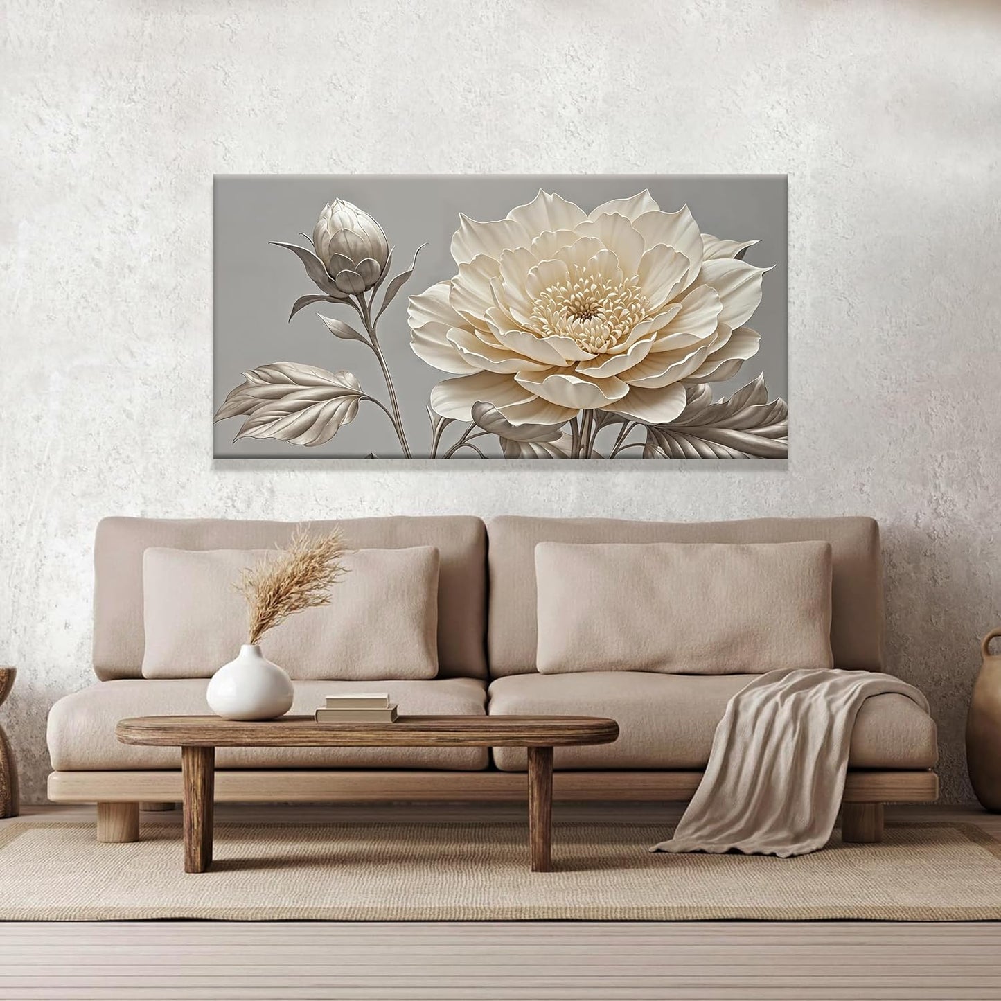 QSQ White Wall Art For Living Room Silver White Flower Wall Art Print Modern Canvas Art Wall Decor Home Decor Suitable Pictures For Bedroom Apartment Office Can Be Hung 24" X 48"