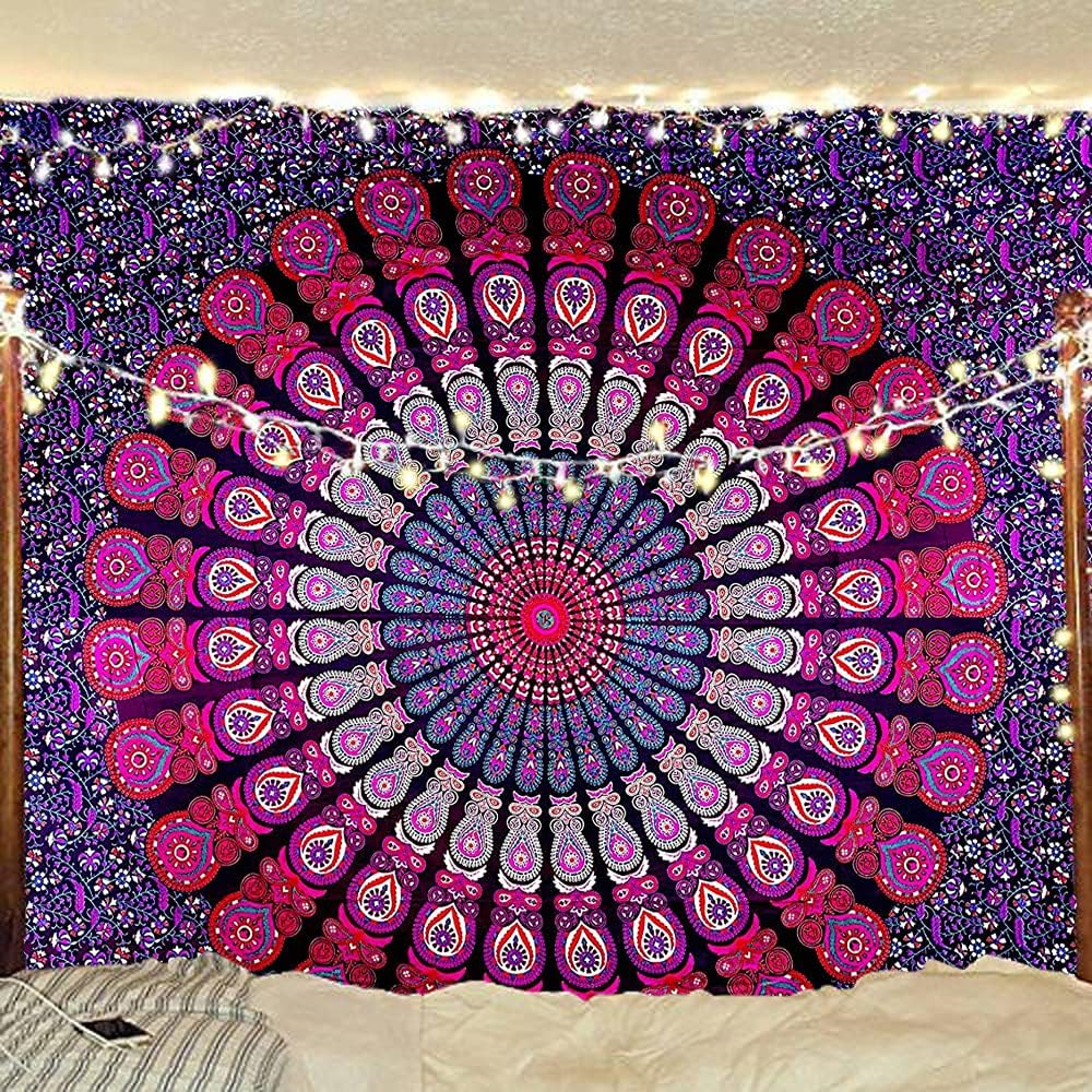 Bless International Handmade Indian hippie Bohemian Psychedelic Peacock Mandala Wall hanging College Dorm Beach Throws Table Cloth Bedding Tapestry (Purple Pink, Queen(84x90Inches)(215x230Cms))