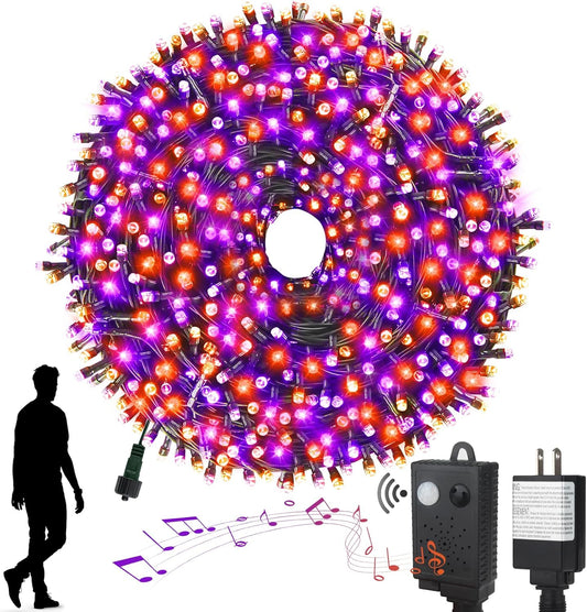 XTF2015 Halloween Lights, 105FT 300 LED Halloween String Lights with Spooky Music Motion Sensor Controller Twinkle Waterproof Purple Orange Light Plug in for Indoor Outdoor Tree Party Yard Room Decor
