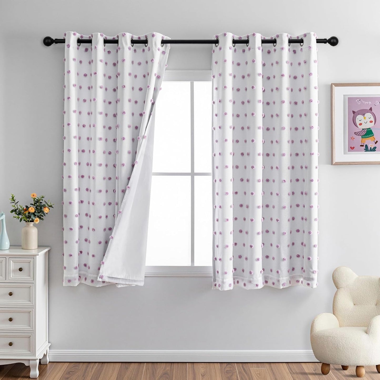 MYSKY HOME 100% Blackout Curtains for Girls Bedroom 63 Inch Long Purple Pom Pom Curtains for Kids Room 2 Panels Room Darkening Kitchen Window Treatment 2 Layered Drapes Toddler Grommet 52W x 63L