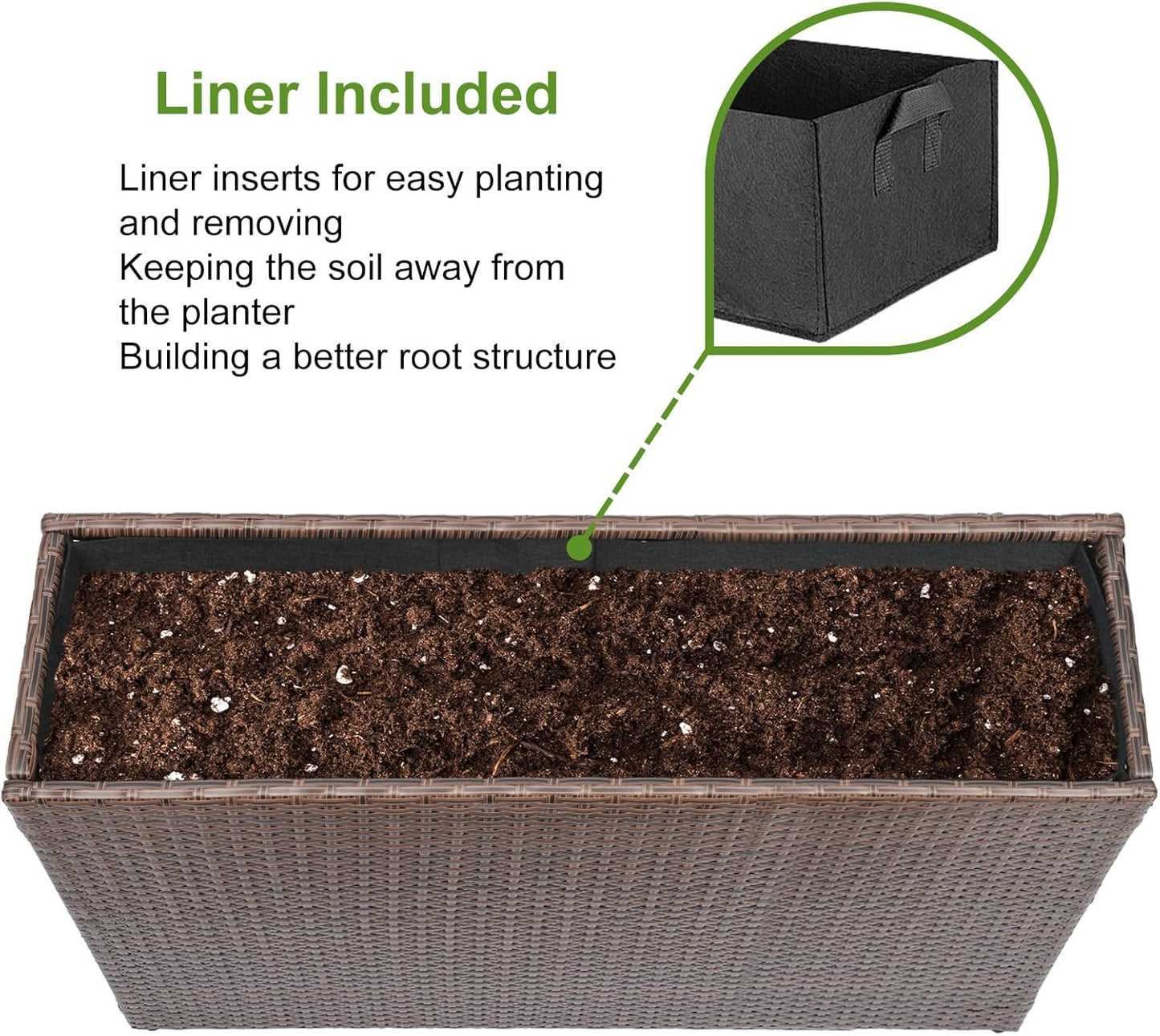 LEWIS&WAYNE Large Rectangular Block Planter Box Handmade Wicker Tall Planters for Outdoor Plants with Removable Liners Modern Planter for Indoor Outdoor Patio Deck - Brown, 38''x11''x30''