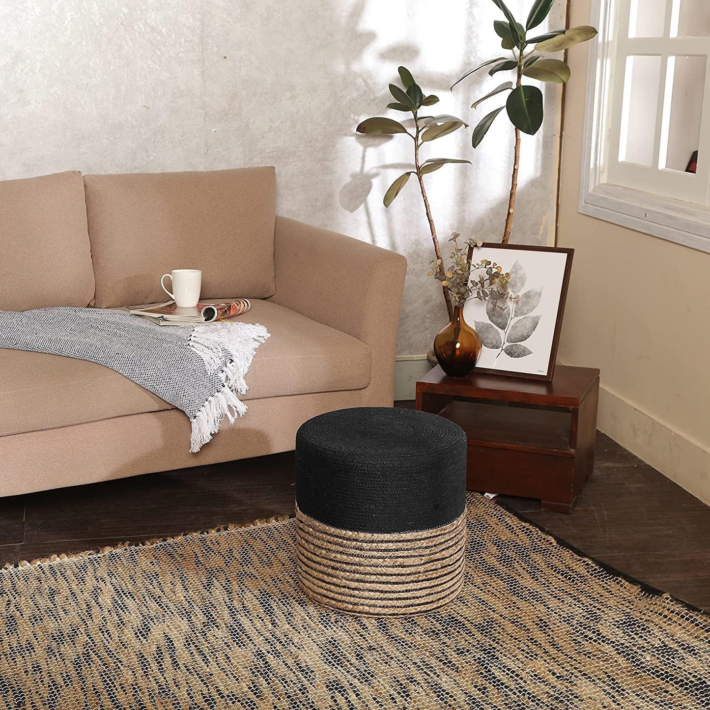 REDEARTH · Cylindrical Pouf Ottoman - Braided Pouffe Accent Sitting Round Footrest for Living Room, Bedroom, Nursery, kidsroom, Patio ; 70% Cotton 30% Jute, Set of 2 (14.5x14.5x16; Black Natural)